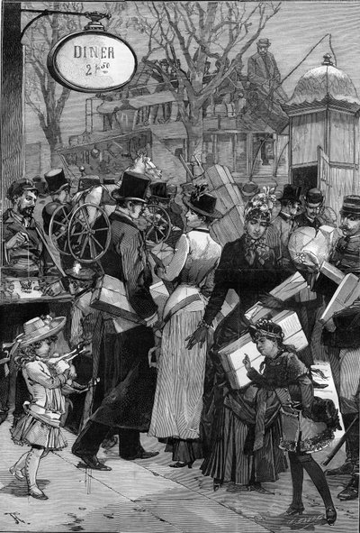 Paris: Packet Week: Parisians shopping and buying toys for Christmas gifts. Engraving in 
