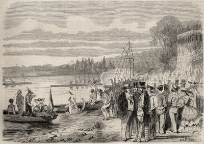 Parisian canoeists. Regattas of Saint-Cloud in 1857. Engraving in 