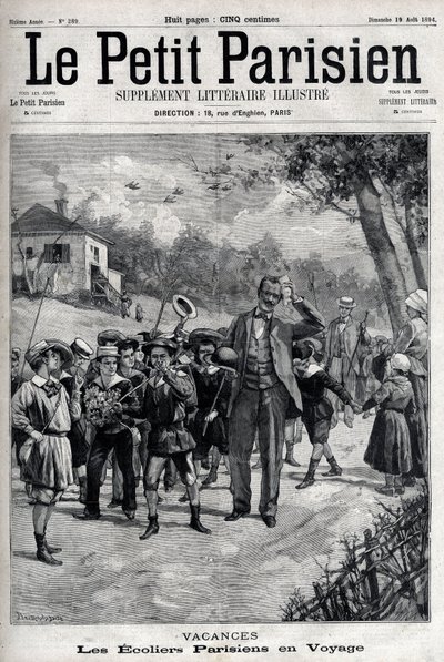 Parisian school holidays on a trip to the countryside. Engraving in 