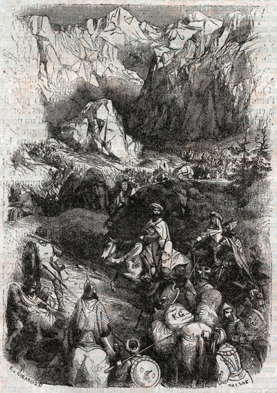 Passage of the Pyrenees by the Moors - engraving of 1851 from Furious Roland (Orlando furioso) (16th century) by Ludovico Ariosto, known as the Ariosta - Edition translated from Italian by the Count of Tressan and published by Gustave Harvard 1851 by Unknown artist
