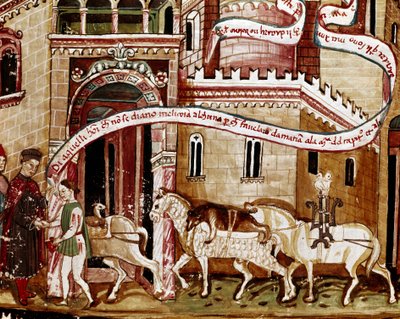 Payment of the salt tax at the entrance of the town (gabelle) Miniature from the manuscript 