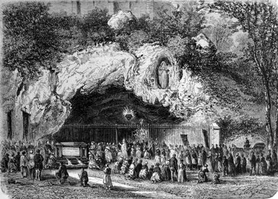 Pilgrims in front of the miraculous cave of Lourdes in the High Pyrenees where the Virgin appeared to Bernadette Soubirous in 1858, present place of pilgrimage. Engraving of the 19th century by Unknown artist
