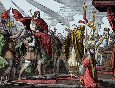 Pepin Proclaimed King of the Franks - Sacre of Pepin the Brief, Basilica of Saint Denis, 28 July 754: Pope Stephen II consecrated him King of the Franks and Patrice of the Romans by Unknown artist
