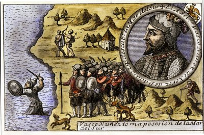 Performance of Vasco Nunez de Balboa, Spanish navigator who was one of the first to discover the Pacific Ocean by crossing the Strait of Darien. Engraving by Unknown artist