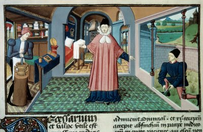 Pharmacy: An apothecary, the picking of plants and the preparation of medicaments. Miniature taken from L