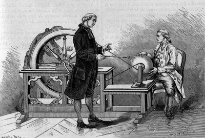 Physics experience in the 18th century: glow produced by an electric machine. (From Abbe Nollet). Engraving in 