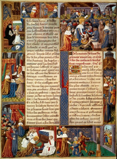 King Louis IX washing the feet of the poor, the king praying and scenes of Christian charity. Miniature from a manuscript 