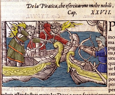 Piracy was practised by many Scandinavian noble women. Engraving from “Historia de gentium septentrionalium” by Olaus Magnus, Venice 1567. by Unknown artist