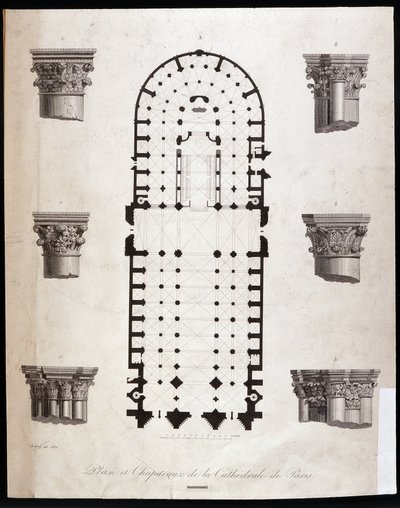 Plan and capitals of the Notre Dame Cathedral in Paris. 19th century by Unknown artist