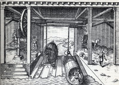Plan incline for boats in the 16th century on the lagoons of the Brenta River in Northern Italy. Engraving in La Nature by Unknown artist