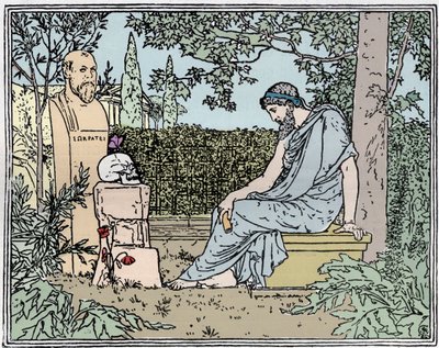 Plato Meditating on Immortality Before Socrates, the Butterfly, Skull, and Poppy About 400 BC - Engraving of the 19th Century by Unknown artist