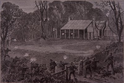 Police Open Fire on the Kelly Gang in the Glenrowan Hotel, 28 June 1880 by Unknown artist