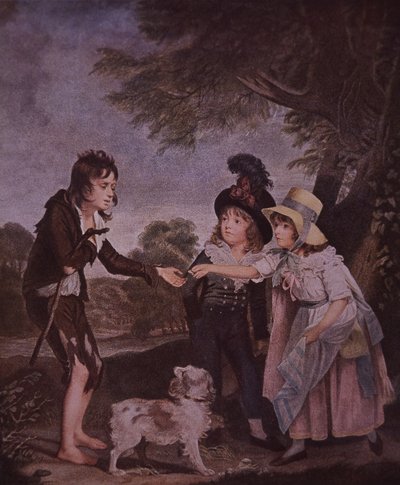 Poor boy begging from rich children by Unknown artist