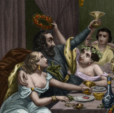 Pope Alexander VI (1431-1503) (Alessandro, Rodrigo Borgia) Rodrigue Borgia celebrates the marriage of his daughter Lucrece Borgia (Lucrezia) with 50 courtesans in the Vatican. Engraving from 1842 in Histoire des popes: crimes, murders, poisonings, parricid by Unknown artist