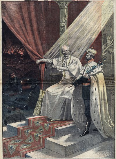 Pope Leo XIII showing Russian Tsar Nicholas II the horrors of war. The latter then proposes disarming. Illustration in 