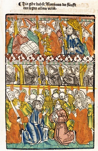 Pope Martin V (1368 - 1431) elected at the Council of Constance (1417) ending the great schism of the West carries out the blessing. “Das concilium” by Unknown artist