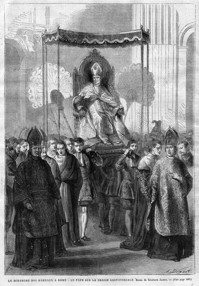 Pope Pius IX on the Sedia Gestatoria - Palm Sunday in Rome: Pope Pius IX on the Gestatorial Chair - Drawing by Gustave Janet - The Illustrative Diary of 1868 by Unknown artist
