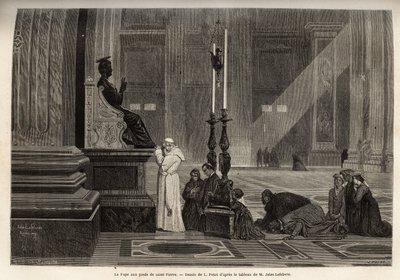 Pope Pius IX (1792-1878) collected at the foot of the statue of St. Peter, at the entrance of the Basilica, in the Vatican. Engraving to illustrate the Rome story, by Francis Wey, in 1864-1868, published in le tour du monde, edited by Edouard Charton by Unknown artist
