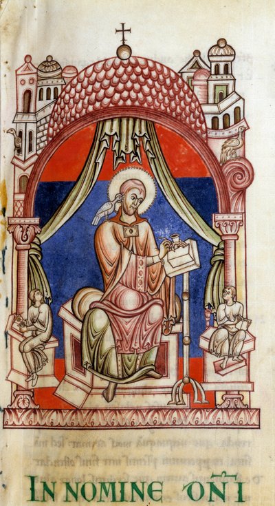 Pope St. Gregory I the Great (540-604) encircled by two secretaries. He is written representative with a dove on the shoulder, symbol of the Holy Spirit. Miniature of the letters of Saint Gregory by Unknown artist