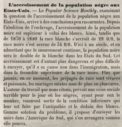 Population growth negates in the United States: racist commentary in the book according to an article in Popular Science Monthly. Concerned about the increase in the American black population and the high birth rate and wish to remedy it by expelling them. by Unknown artist