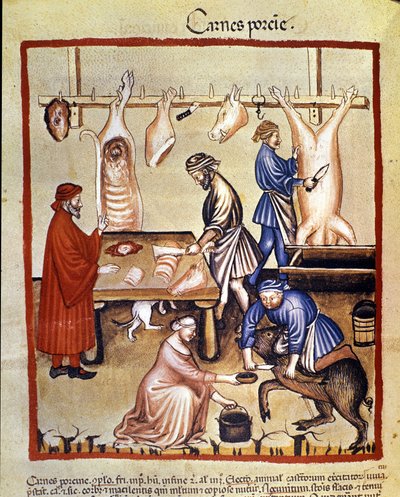 Pork production. The pig is slaughtered and the butchers cut the pieces. Illumination from the milking of medicine and dietetics 