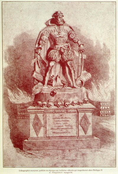Portrait-Charge of Philip II on the Spanish Inquisition - Engraving by Unknown artist