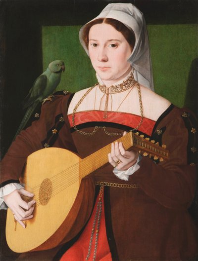 Portrait of a woman playing a lute, with a parrot on her shoulder by Unknown artist