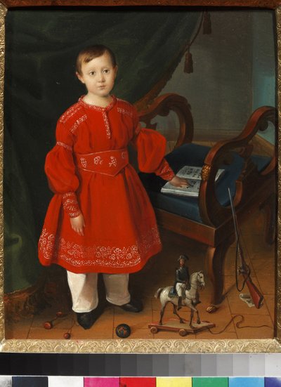 Portrait of a boy in a red dress with toys and an alphabet book by Unknown artist