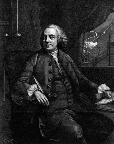 Portrait of Benjamin Franklin (1706-1790), American philosopher, physicist and ambassador. Engraving in 
