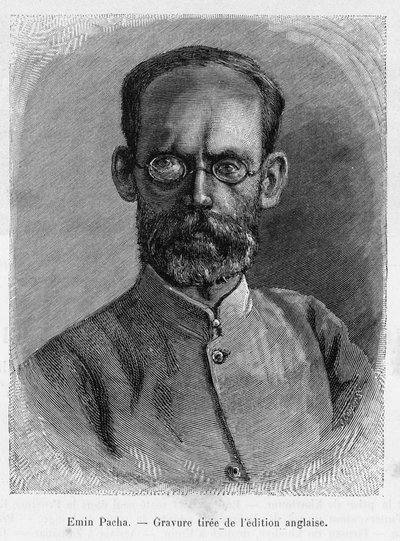 Portrait of Emin Pasha (Isaak Eduard Schnitzer), doctor, naturalist, explorer and governor of the Egyptian province of Equatoria. Engraving to illustrate the story Dans les shadbres de l