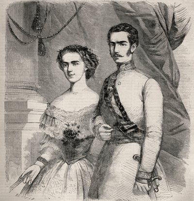 Portrait of Emperor Francis Joseph I of Austria and his wife Elisabeth of Wittelsbach. Engraving in 
