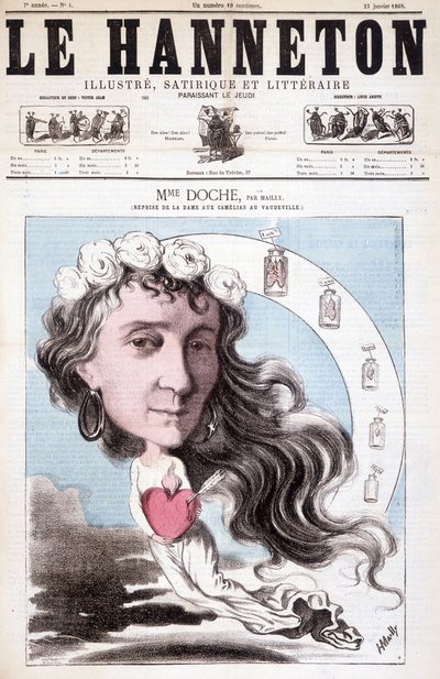 Portrait of Eugénie Doche playing in a cover at the Vaudeville theatre of La Dame aux camélias, written by Alexandre Dumas (son) in 1852. In Le Hanneton, January 23 by Unknown artist