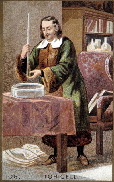 Portrait of Evangelista Torricelli (1608-1647), Italian physicist, with his invention: the Barometer (mercury tube) by Unknown artist