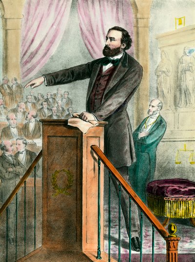 Portrait of Leon Gambetta (1838 - 1882) in the gallery. Engraving of the 19th century by Unknown artist
