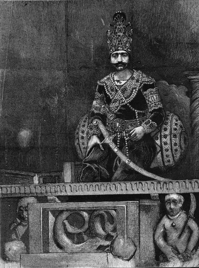 Portrait of Nasir Al-Din (Nasser al Din) (1831-1896) Shah of Persia on his throne. by Unknown artist