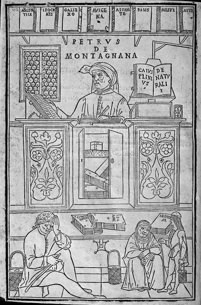Portrait of Pietro da Montagnana, a Paduan medical teacher surrounded by Greek and Arabic medical books, and three patients waiting to have their urine examined by Unknown artist