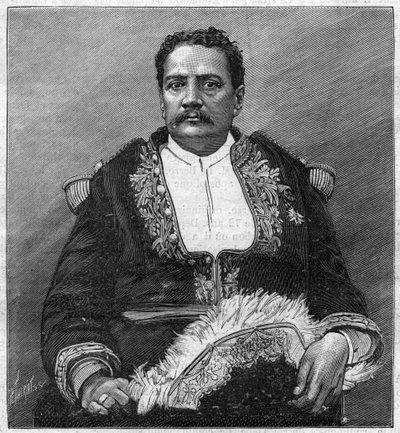 Portrait of Pomare V (1839 - 1891) the last monarch of Tahiti - engraving by Unknown artist