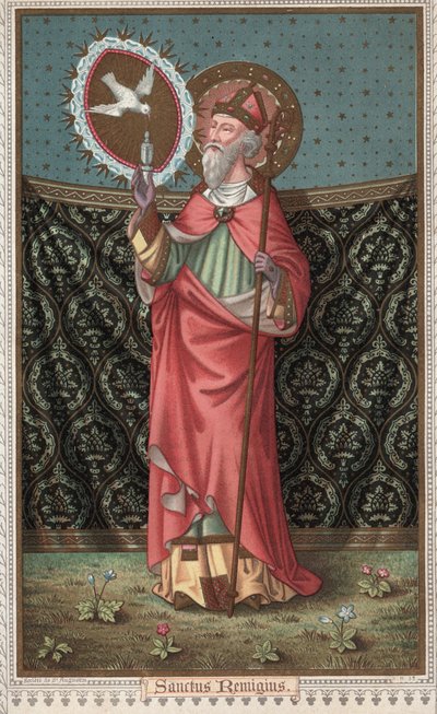 Portrait of Saint Remi (437-533) Visited by the Dove of the Holy Spirit. Chromolithography of the Late 19th Century by Unknown artist