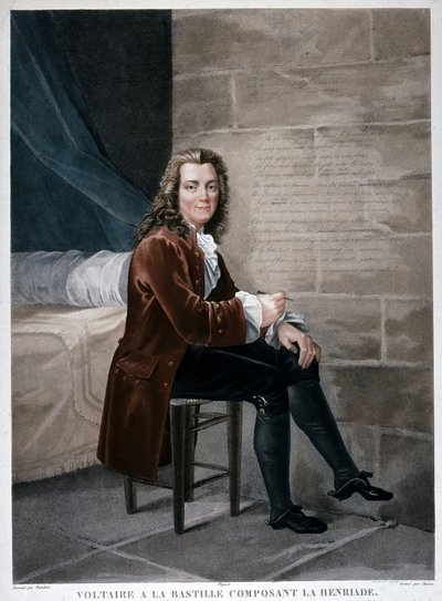 Portrait of Voltaire at the Bastille making up the Henriade. Engraving of the 19th century. Musee Carnavalet by Unknown artist