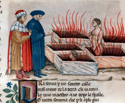 Portrait of Italian poet Dante Alighieri with Virgil among heretics as Farinata degli Uberti (song 10 from Hell, in the Divine Comedy) - Miniature 15th century by Unknown artist