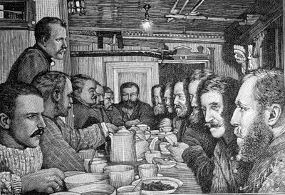 Portrait of the Norwegian explorer Fridtjof Nansen (1861-1930), scientist and diplomat, announcing his plan to approach the North pole to the crew of the ship Fram around 1897. Engraving by Unknown artist