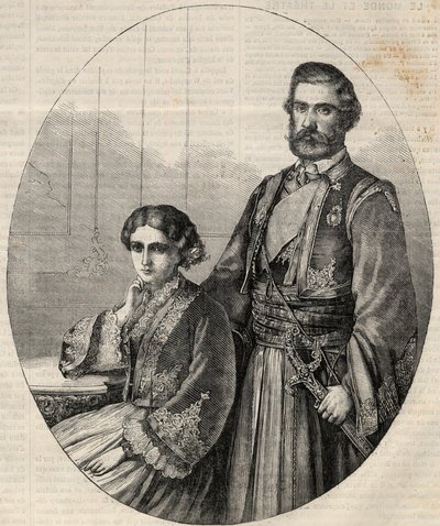 Portrait of the Prince of Serbia Michael III and Princess Julie. Engraving in 