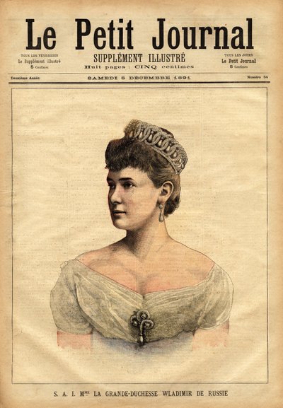 Portrait of the Grand Duchess Vladimir of Russia, Princess Mary of Mecklenburg-Schwerin, married in 1874 to Grand Duke Vladimir Alexandrovich Romanov. Engraving in 
