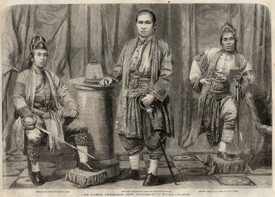 Portraits of Siam ambassadors who came to England in 1857. From left to right: Cha mun Mondr Bidacks, representing the second king of Siam, Phya Mantri Suriyawanse and Chau Mun Sarbbedh Bhacty, ambassadors of the first king. Engraving in 