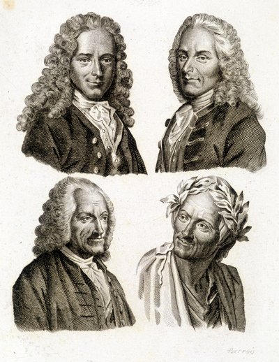Portraits of Voltaire at different ages - engraving by Unknown artist