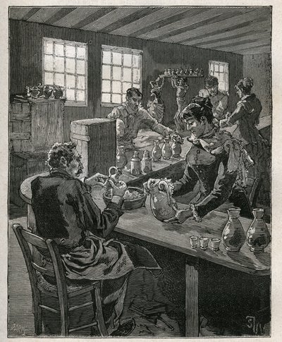 Pottery: filling pottery. Engraving from 1885 in 