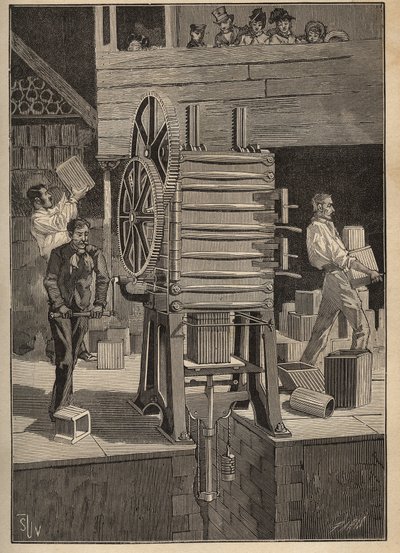 Pottery: mechanical molding of hollow parts. Engraving from 1885 in 