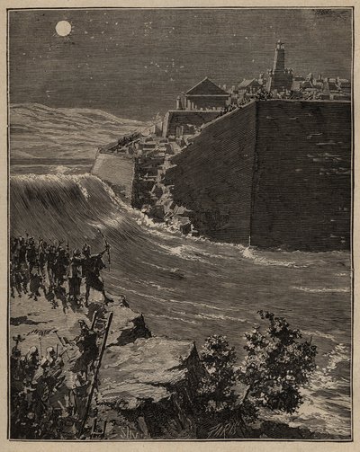 Pottery: Raw Bricks in Ancient Greece. The Army of Pausanias Detours the Course of a River to Destroy the Walls of Raw Brick Protecting the City of Mantinee. Engraving from 1885 in 
