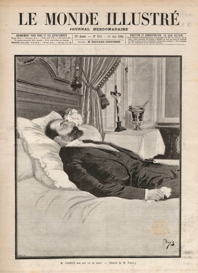 President of the republic Sadi Carnot on his deathbed, in a context of trade union and anarchist agitation, he was assassinated on 24 June at the Lyon exhibition, by Sante Caserio and later on. Engraving in 