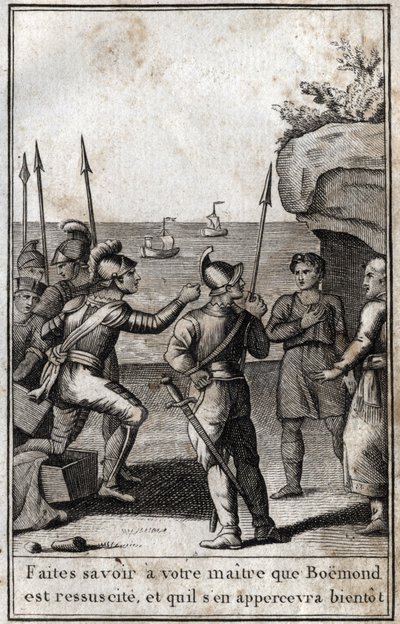 Prince Boemond, who had pretended to be dead to protect himself from Emperor Alexis, reappeared and declared to the population Let your master know that Boemond is resurrected and that he will soon notice. 12th century. Engraving in Beaute de l